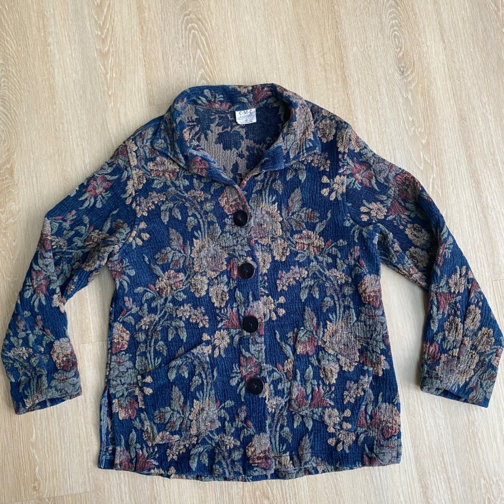 CMC Color Me Cotton Floral Tapestry Jacket Blue Button Front Cardigan Large USA